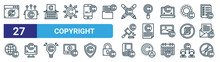 Set Of 27 Outline Web Copyright Icons Such As Public Domain, Package, Typewriter, Search, Document, Computer, Book, Disk Vector Thin Line Icons For Web Design, Mobile App.