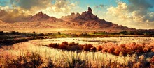 Oil Pastel Stylized Scenic Golden Brown Semi Desert Landscape, Dry Grass With Distant Hills And Mountains Gorgeous Clouds At The Horizon - Panoramic Vista And Outdoor Nature Art Background.	