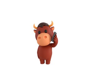 Poster - Little Bull character holding smartphone near ear in 3d rendering.