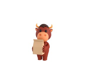 Sticker - Little Bull character holding paper containers for takeaway food in 3d rendering.