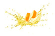 Orange essential oil splash with orange peel isolated on white background.