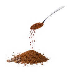 Wall Mural - Pouring instant coffee or coffe powder from stainless teaspoon isolated on white background.