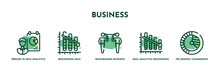 Set Of 5 Thin Line Business Icons. Outline Icons Including Person In Data Analytics Presentation With A Graphic On A Screen, Descending Data Analytics, Businessmen Business Communication Techniques,