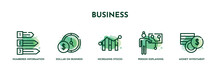 Set Of 5 Thin Line Business Icons. Outline Icons Including Numbered Information, Dollar On Business Time, Increasing Stocks Graphic Of Bars, Person Explaining Strategy On A Board With A Sketch,