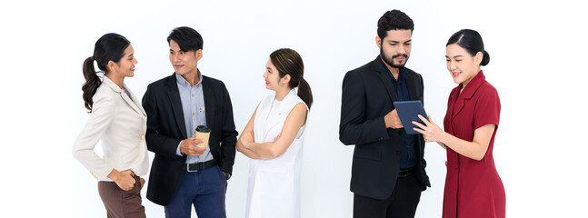 Banner cover design. Group portrait of Young Asian Businesspeople talking while standing in a row. isolated on white background happy professional team people.