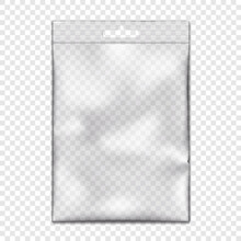 Clear Vinyl Resealable Zipper Pouch With Euro Slot On Transparent Background Vector Mock-up. Blank Empty Hanging Plastic Bag With Zip Lock Realistic Mockup