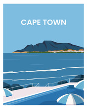 Summer Day In Cape Town With Sea And Mountain View. Landscape Vector Illustration With Minimalist Style For Travel Poster, Postcard.