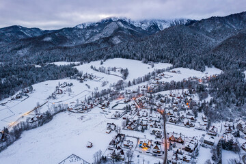 Wall Mural - Zakopane in winter, cityscape in snow, aerial drone view