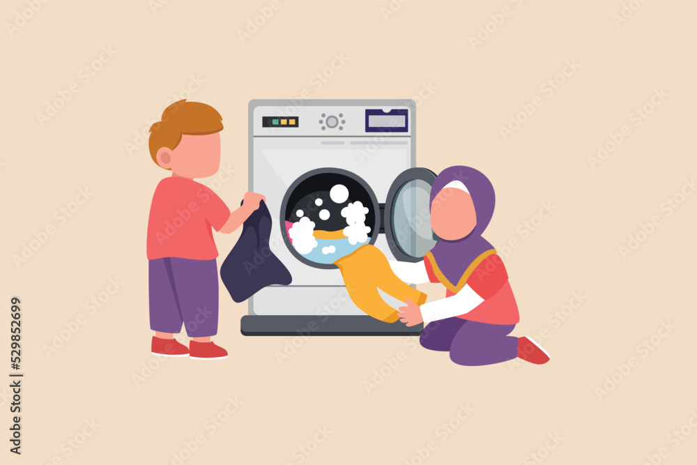 Happy little children doing laundry clothes with washing machine ...