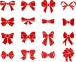 © ONYXprj - Flat red bows. Scarlet bow ribbons silhouettes, cartoon holiday presents and christmas gifts knot icons