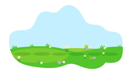 cute cartoon grassland. bright summer day. framed landscape