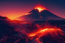 Explosive Volcano With Burning Lava, Neon Light. Dark Futuristic Nature Scene, 3d Render, Raster Illustration.