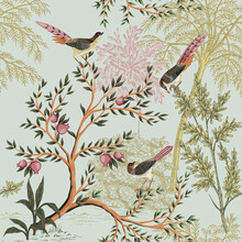 Park Ink Drawn Trees, Bird Summer Floral Seamless Pattern. Exotic Landscape Wallpaper.	