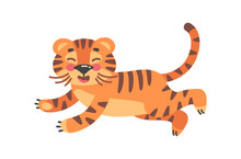 Leap Tiger. Adorable Wildlife Cub, Comic Vector Illustration