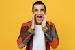 © ViDi Studio - Young promoter middle eastern man 20s he wear casual shirt white t-shirt scream hot news about sales discount with hands near mouth isolated on plain yellow background studio People lifestyle concept.
