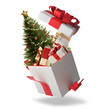 Christmas gifts with a green fir tree in the opened gift, 3d-illustration