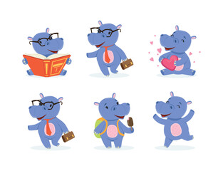 Wall Mural - Cute Hippo Character with Stocky Body Engaged in Different Activity Vector Set