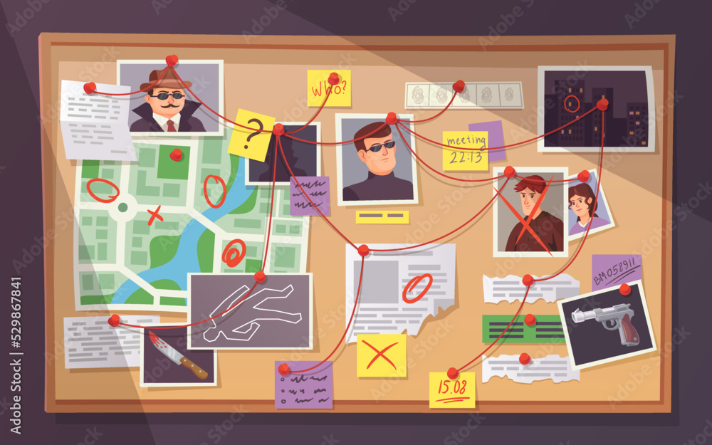 Detective board. Pinboard crime investigation map, pins threads wall ...
