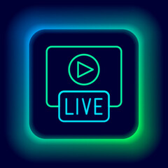 Poster - Glowing neon line Live streaming online videogame play icon isolated on black background. Colorful outline concept. Vector