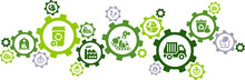 Waste Management & Recycling Vector Illustration. Green Concept With Icons Related To Sorting & Separating Different Garbage Types, Recycled Materials, Municipal Trash Collection, Resource Recovery.