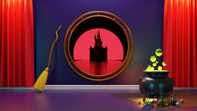 3D Rendering Of Witches Apothecary And A Magic Mirror Reflect A Mysterious Castle On Halloween Night.