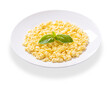 plate of scrambled eggs on white background