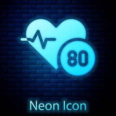 Sticker - Glowing neon Heart rate icon isolated on brick wall background. Heartbeat sign. Heart pulse icon. Cardiogram icon. Vector