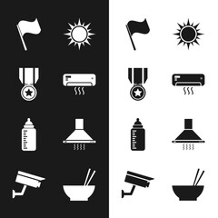 Poster - Set Air conditioner, Medal with star, Flag, Sun, Baby bottle and Kitchen extractor fan icon. Vector