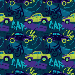 Wall Mural - Abstract seamless cars pattern for boy on background. Childish style wheel auto repeated backdrop