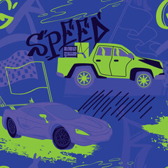 Wall Mural - Abstract seamless cars pattern for boy on background. Childish style wheel auto repeated backdrop