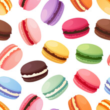Colorful Macarons Seamless Pattern. Sweet French Macaroons Isolated On White Background. Vector Illustration In Flat Style.