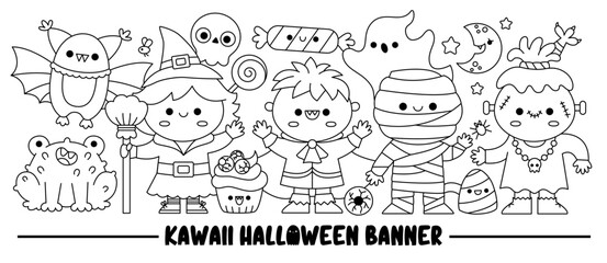 Wall Mural - Halloween black and white horizontal banner with cute kawaii characters for kids. Vector line witch standing with vampire, mummy, bat, frog, ghost. Funny trick or treat coloring page.