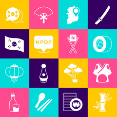 Sticker - Set Bamboo, Kimono, Sushi, South Korea map, K-pop, flag, and with chopsticks icon. Vector