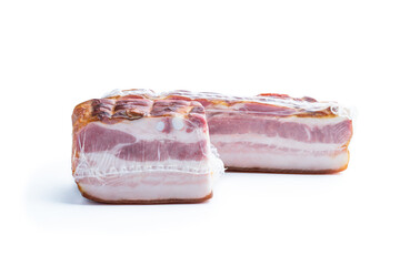 Wall Mural - Smoked and boiled bacon in vacuum pack isolated on white