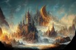 fantasy design mountains, castle, clouds illustration. Generative AI