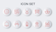 Set Line Burning Candles, Church Bell, Star Of David Necklace On Chain, Jesus Christ, Moon, Jainism, Orthodox Jewish Hat With Sidelocks And Or Dharma Icon. Vector