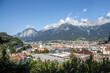 View of the city of Innsbruck, the capital of the 1964 and 1976 Olympic Games from the Bergisel hill tower of the sports complex and the Alps in the background