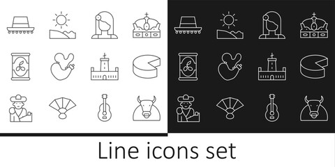 Sticker - Set line Bull, Cheese, Spanish woman, wineskin, Olives can, hat, Montjuic castle and Beach icon. Vector