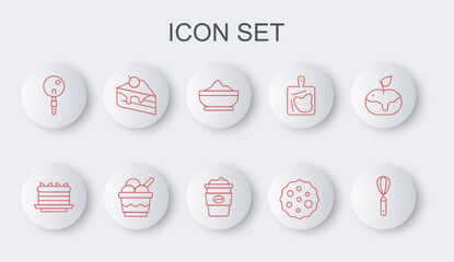 Sticker - Set line Kitchen whisk, Cake, Flour bowl, Cookie or biscuit, Lollipop, Piece of cake, Ice cream in and Coffee cup to go icon. Vector