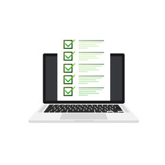 Laptop with online exam on green background. Vector illustration.