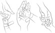 newborn's hand in mother's hand, vector line baby shower hand drawn illustration