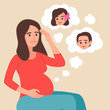 Beautiful pregnant woman in cartoon style. Young pretty girl holding hand on her belly. Expecting woman thinking, newborn is boy or girl. Flat vector illustration of happy pregnancy and matreniry.