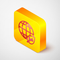 Sticker - Isometric line Earth globe and leaf icon isolated on grey background. World or Earth sign. Geometric shapes. Environmental concept. Yellow square button. Vector