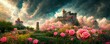 Fantasy garden castle with many flowers, roses and clouds illustration. Generative AI