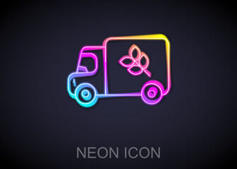 Poster - Glowing neon line Flour truck icon isolated on black background. Vector