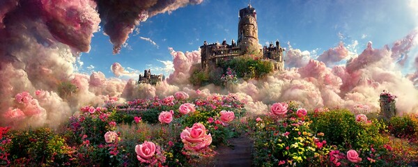 Wall Mural - Fantasy garden castle with many flowers, roses and clouds illustration. Generative AI