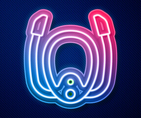 Sticker - Glowing neon line Diving mask with snorkel icon isolated on blue background. Extreme sport. Diving underwater equipment. Vector