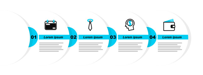 Sticker - Set line Wallet, Business man planning mind, Tie and Calendar icon. Vector