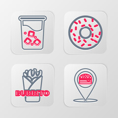 Sticker - Set line Location with burger, Burrito, Donut and Glass water icon. Vector