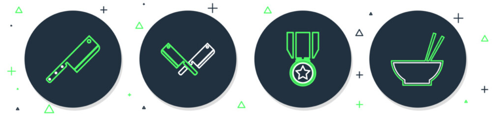 Sticker - Set line Crossed meat chopper, Medal with star, Meat and Bowl chopsticks icon. Vector